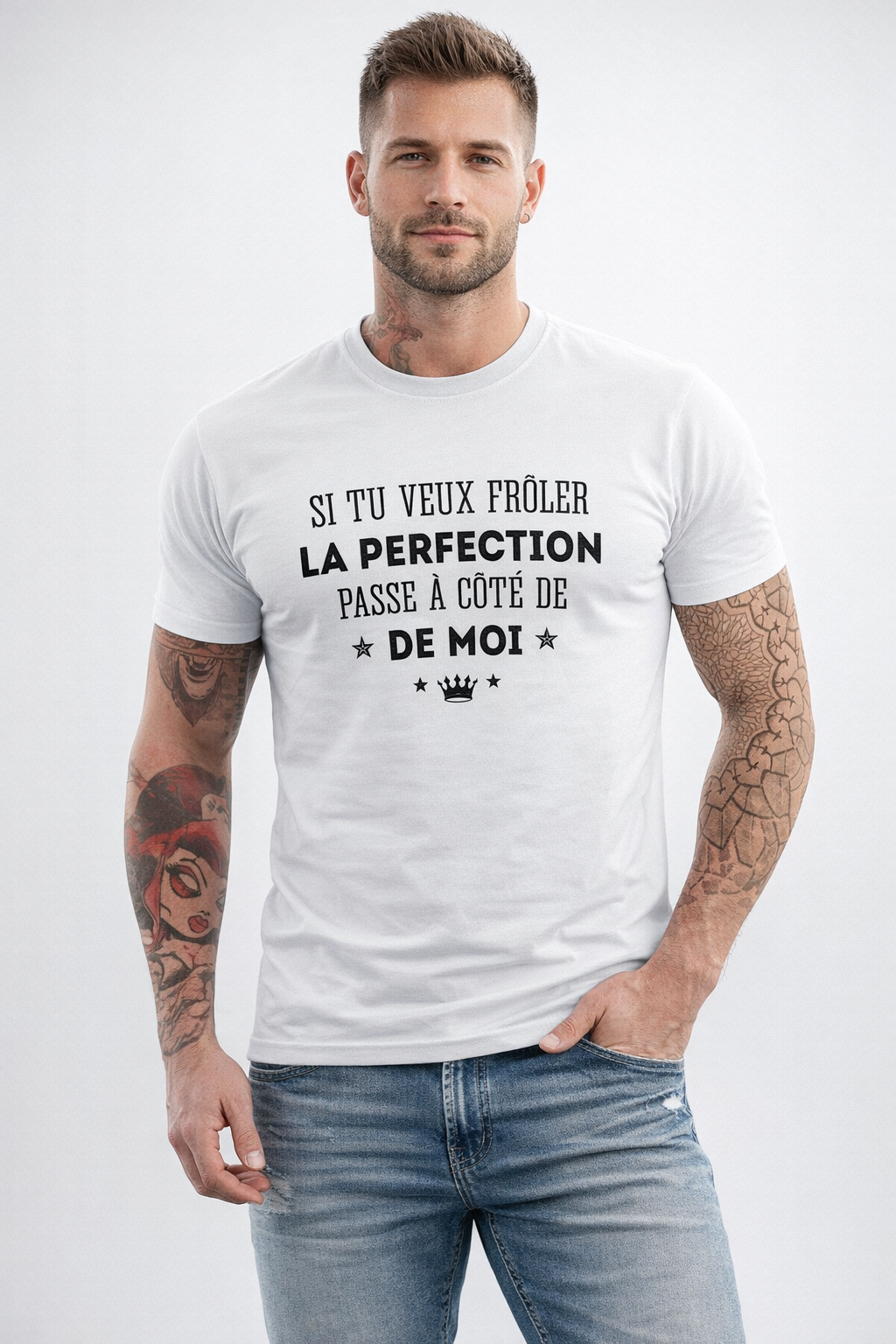 T-shirt blanc humour – « Si tu veux frôler la perfection »